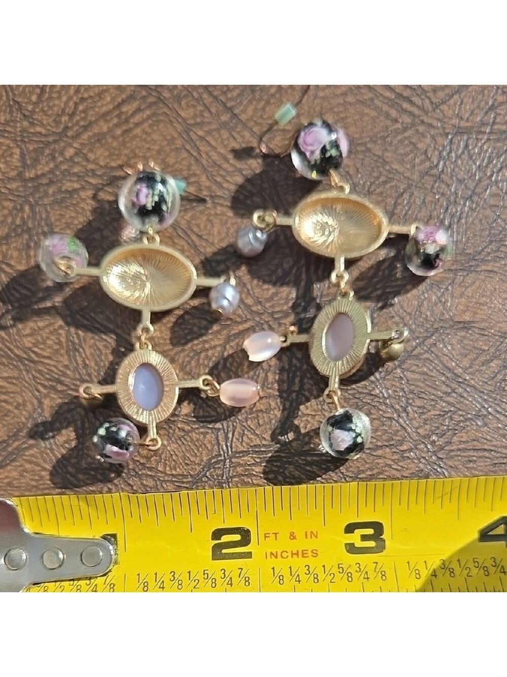 Boutique Gold and Pink Dangle Earrings Beads Victorian Boho - Picture 5 of 6